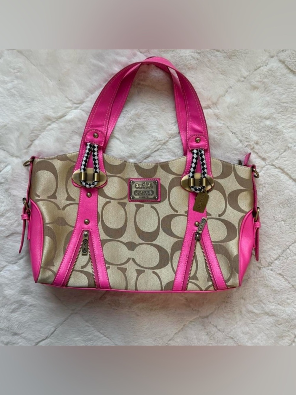 Coach Signature Tote with Hot Pink Trim and Gold Hardware- Y2k